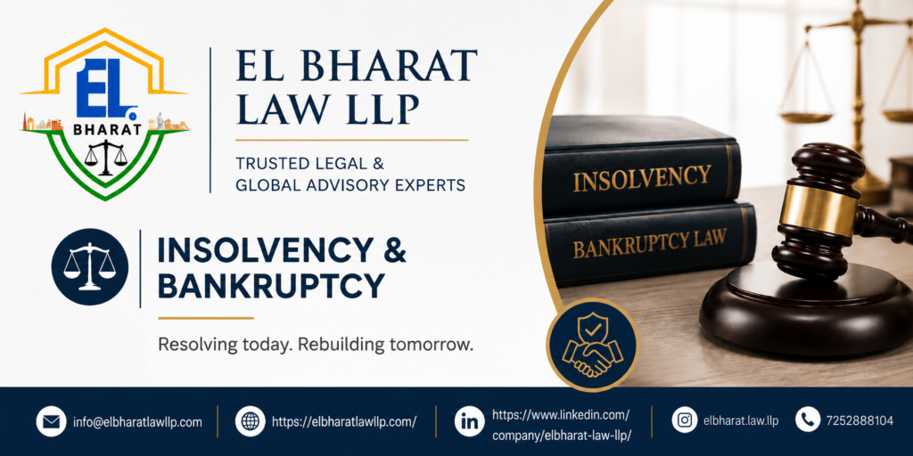 Judge's gavel, legal books, and scales of justice representing Insolvency and Bankruptcy Code (IBC), 2016 in India – EL Bharat Law LLP